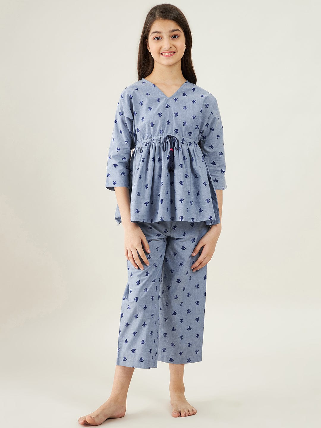The Kaftan Company Pyjama Set Girls Grey Chambray Cacti Loungeset
