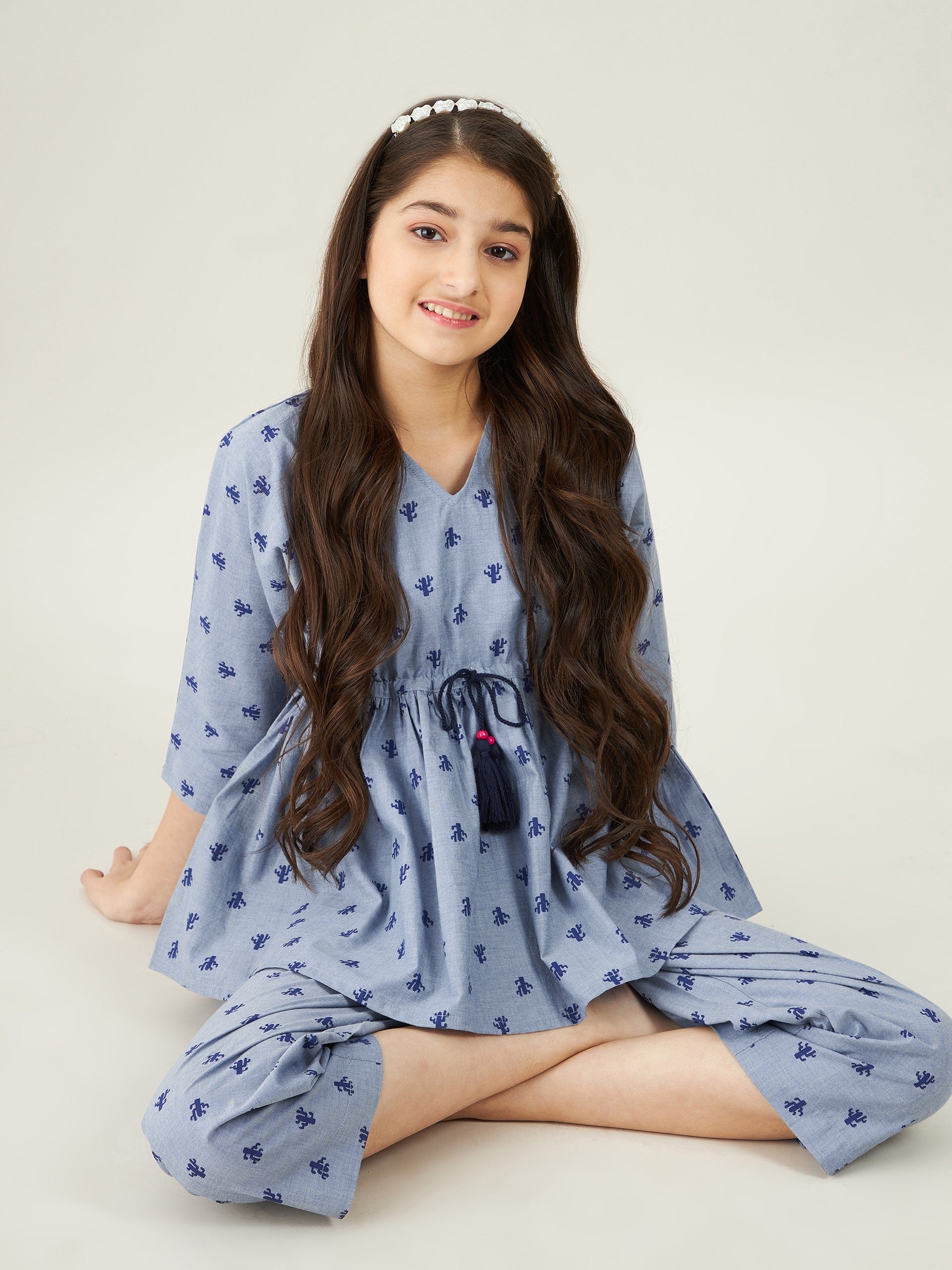 The Kaftan Company Pyjama Set Girls Grey Chambray Cacti Loungeset