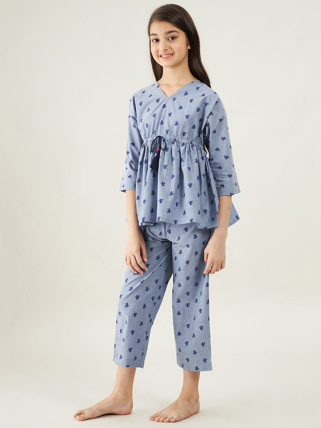The Kaftan Company Pyjama Set Girls Grey Chambray Cacti Loungeset