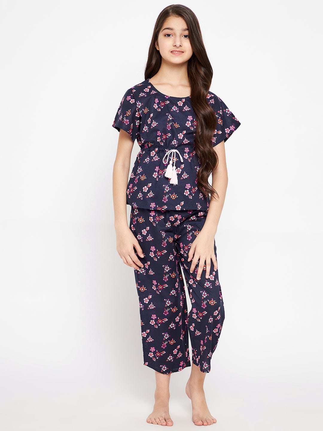 The Kaftan Company Pyjama Set Girls Navy Blue Flora Loungeset