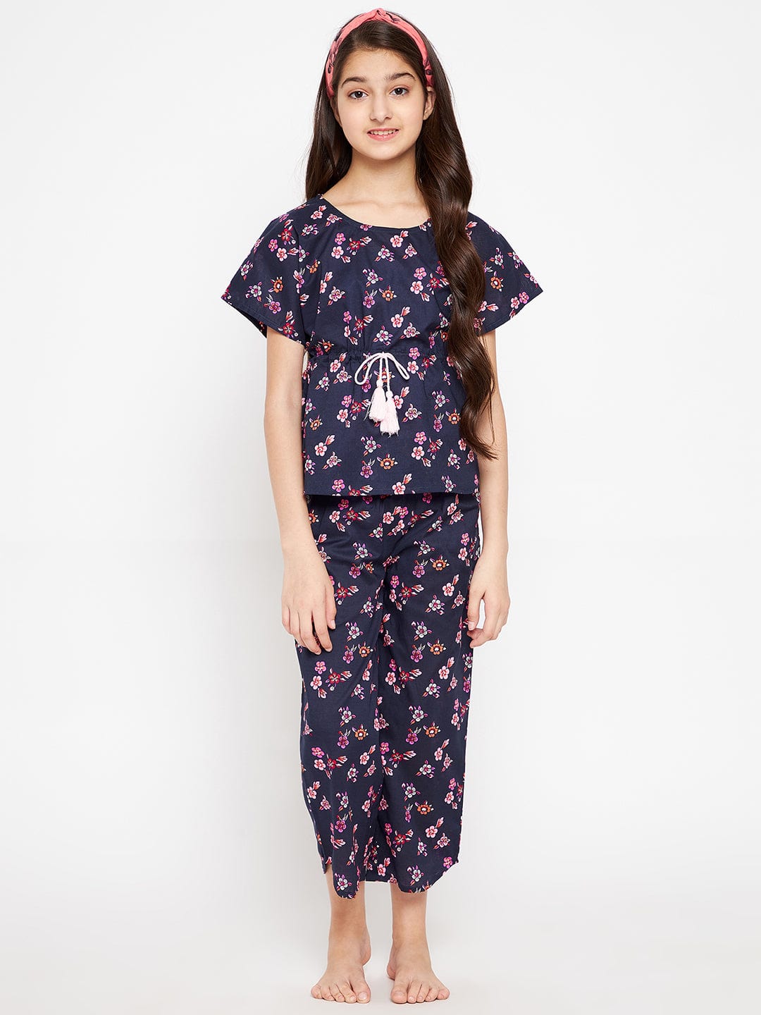 The Kaftan Company Pyjama Set Girls Navy Blue Flora Loungeset