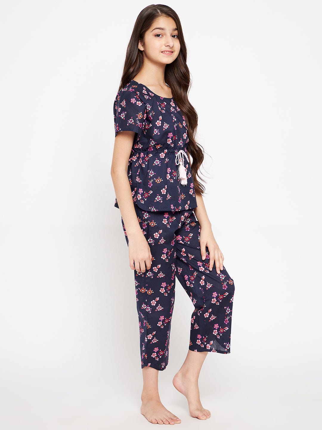 The Kaftan Company Pyjama Set Girls Navy Blue Flora Loungeset
