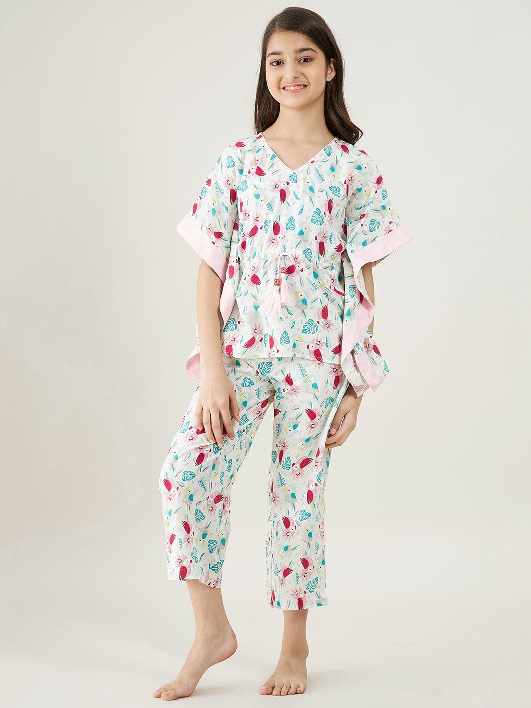 The Kaftan Company Pyjama Set Girls White Parrots Cotton Loungeset