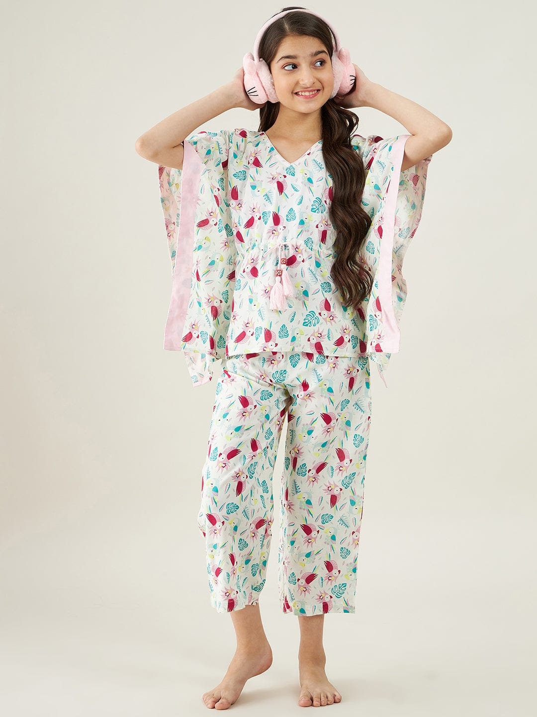The Kaftan Company Pyjama Set Girls White Parrots Cotton Loungeset