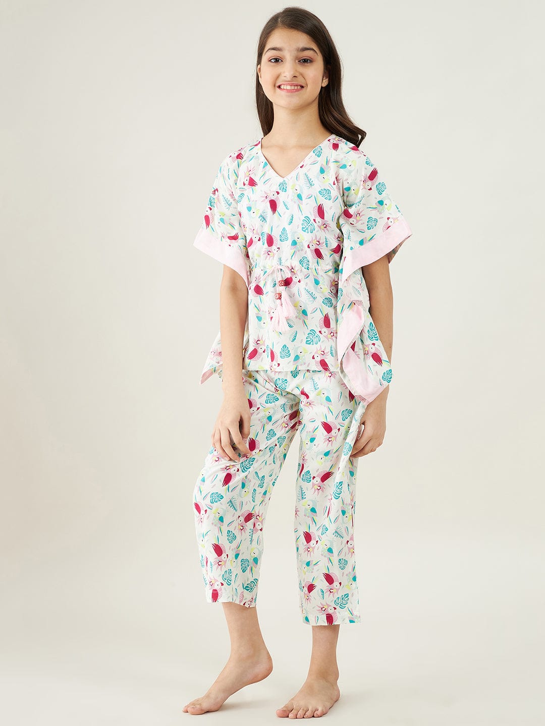 The Kaftan Company Pyjama Set Girls White Parrots Cotton Loungeset
