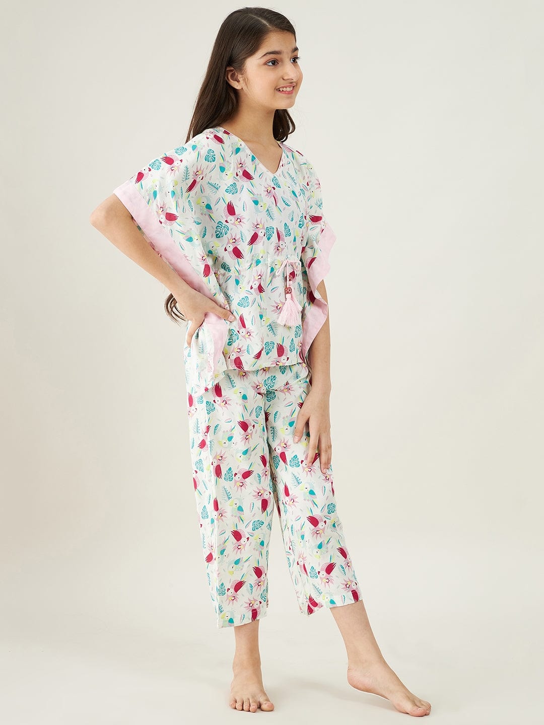 The Kaftan Company Pyjama Set Girls White Parrots Cotton Loungeset