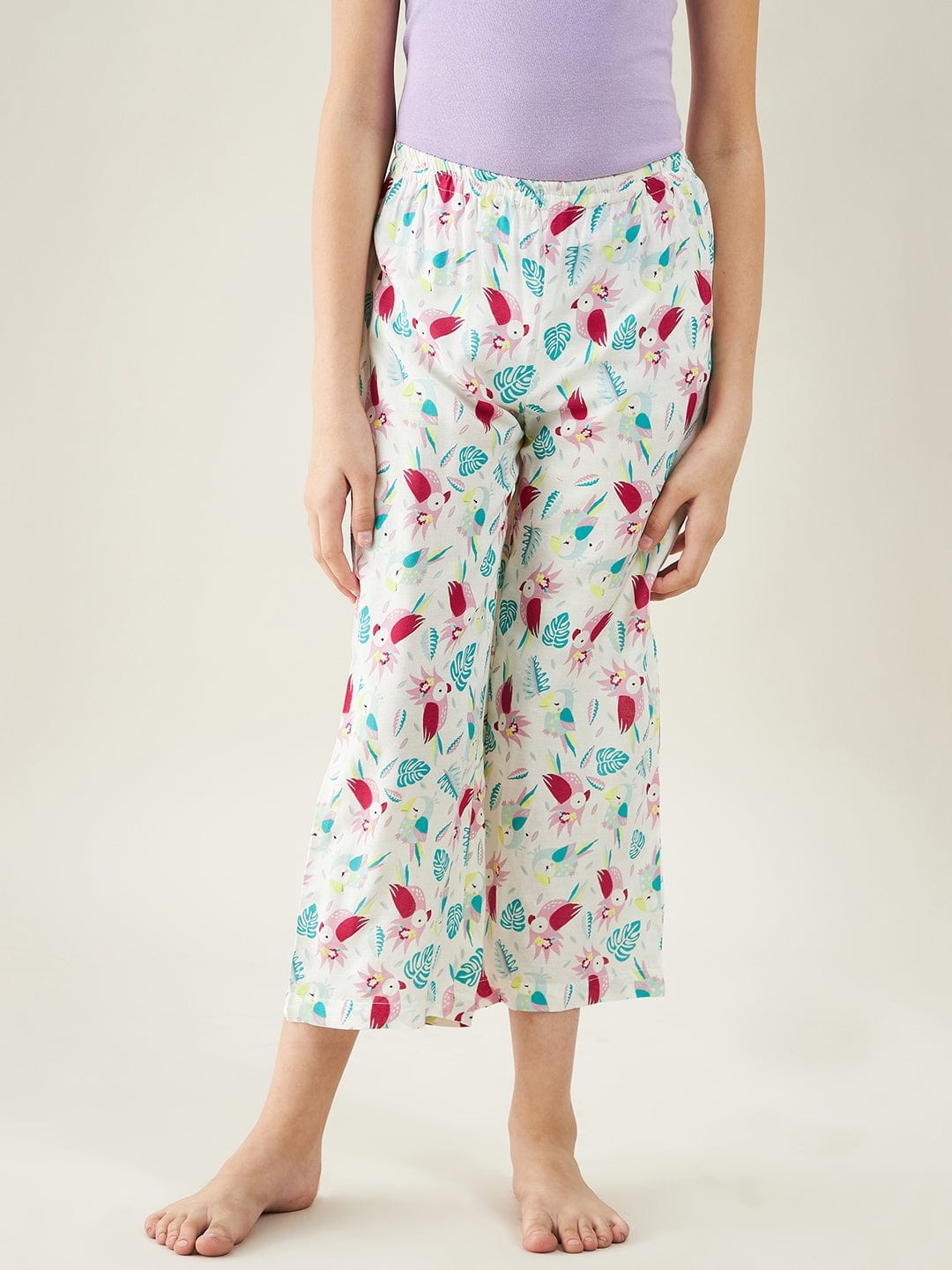 The Kaftan Company Pyjama Set Girls White Parrots Cotton Loungeset