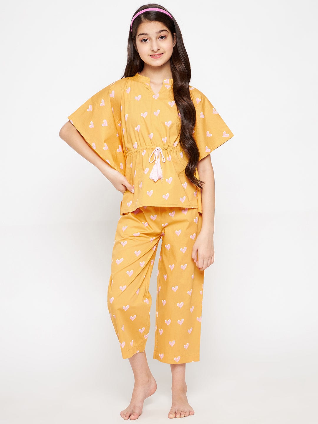 The Kaftan Company Pyjama Set Girls Yellow And Pink Hearts Up Loungeset