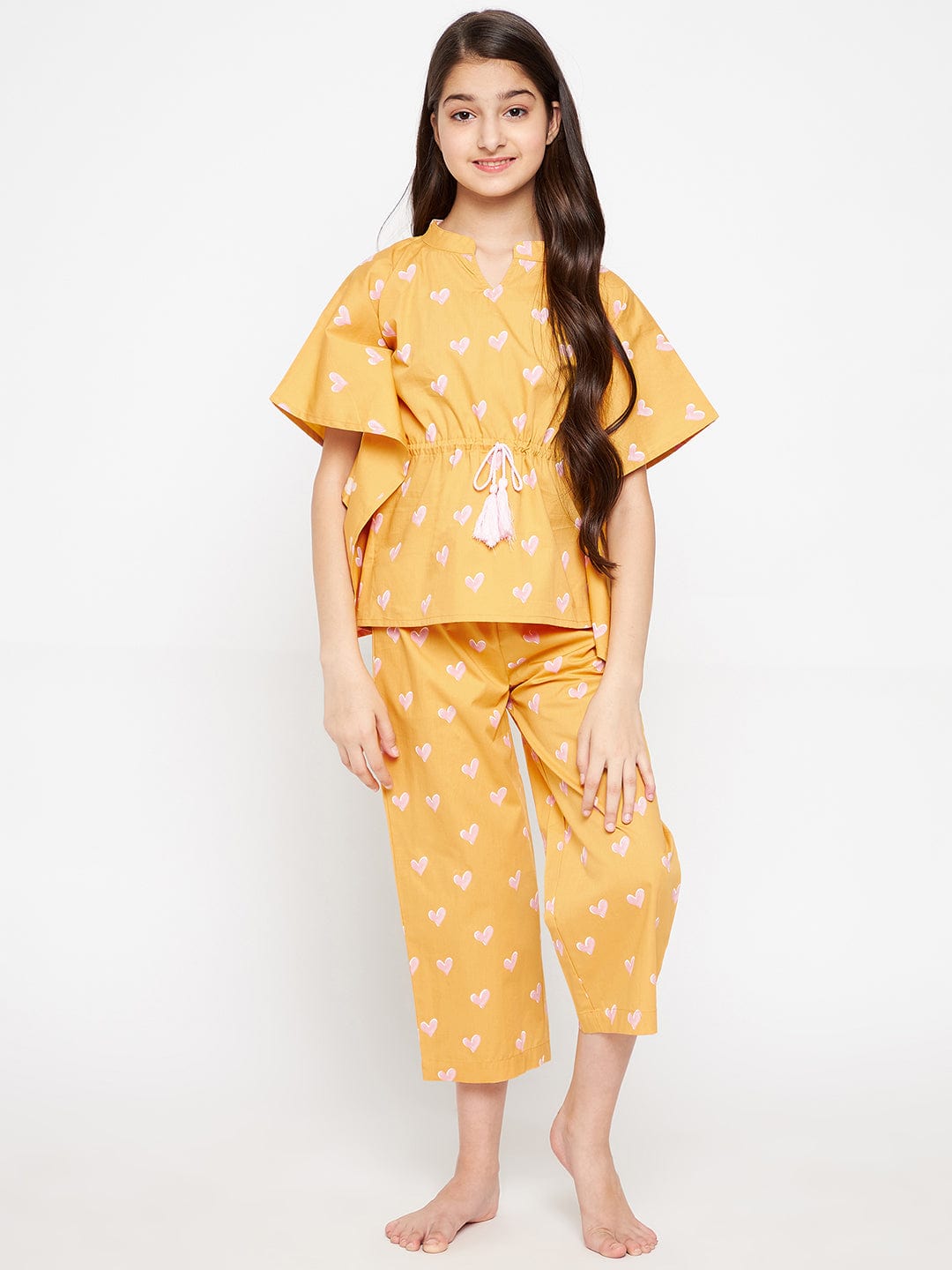 The Kaftan Company Pyjama Set Girls Yellow And Pink Hearts Up Loungeset