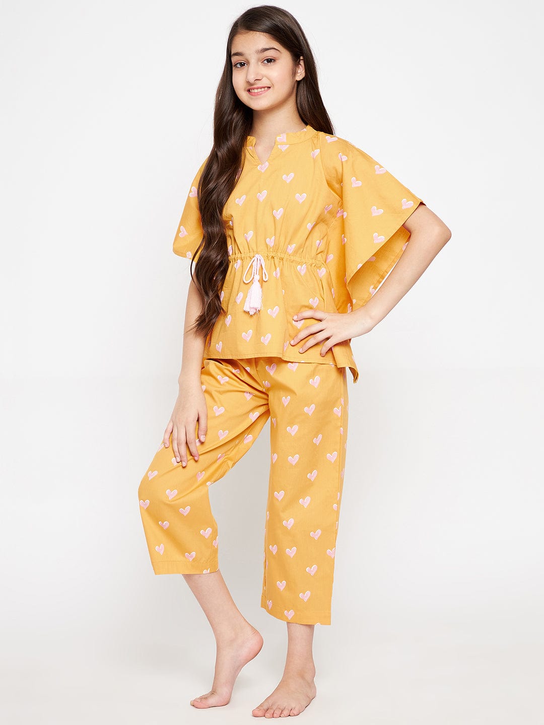 The Kaftan Company Pyjama Set Girls Yellow And Pink Hearts Up Loungeset