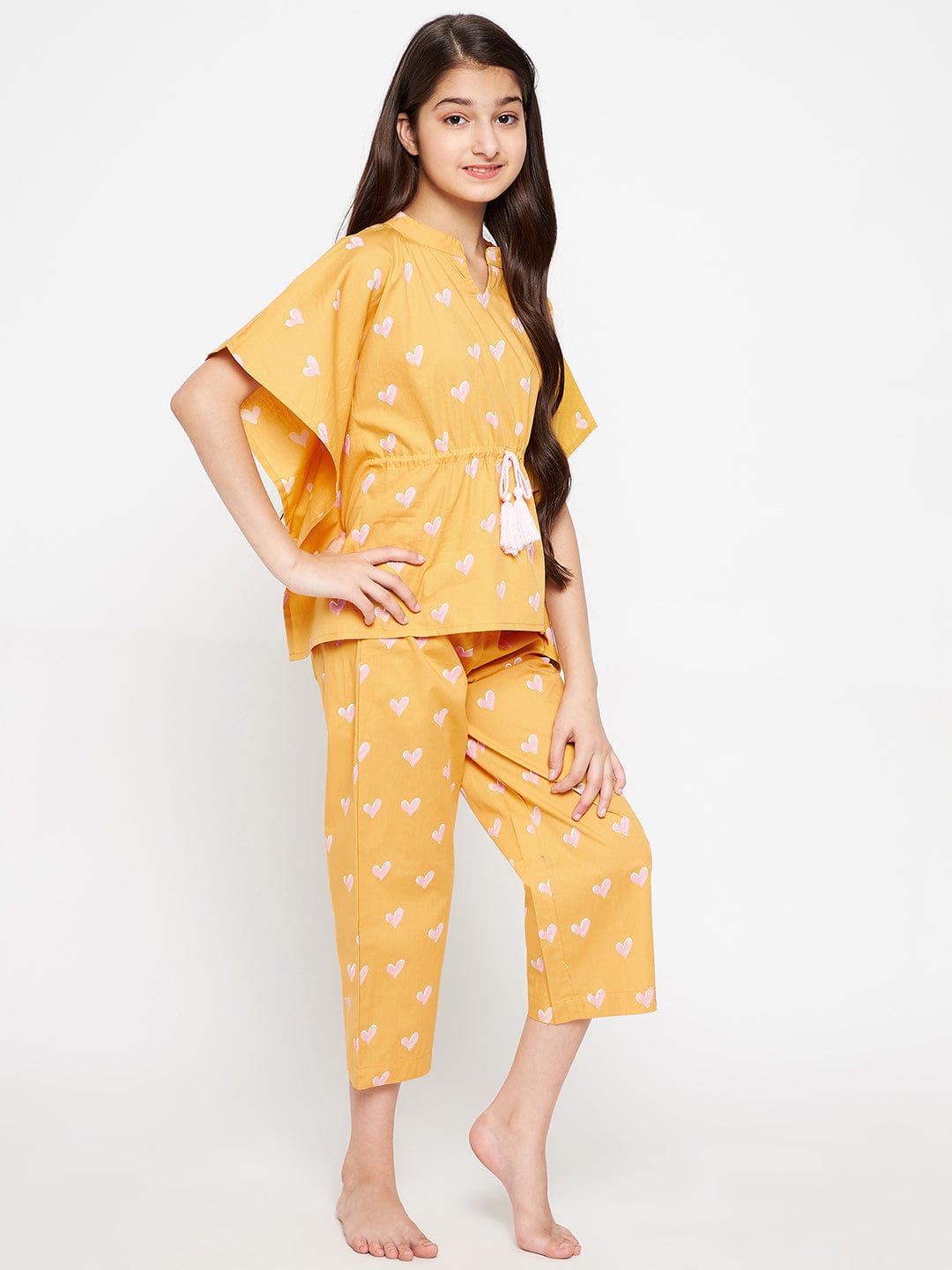 The Kaftan Company Pyjama Set Girls Yellow And Pink Hearts Up Loungeset