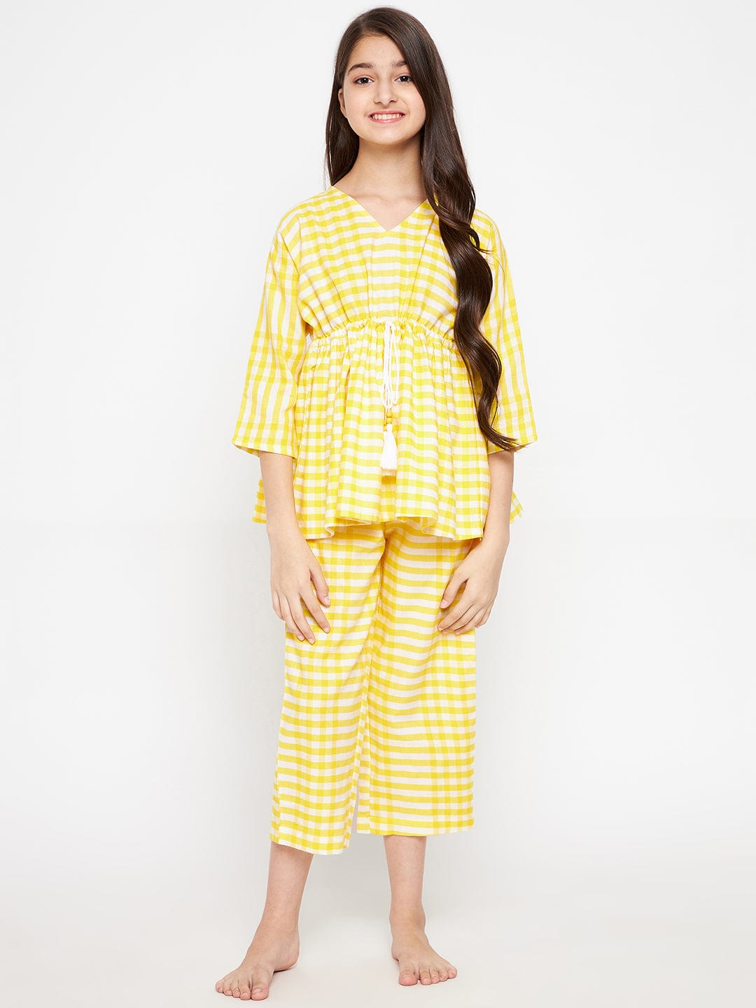 The Kaftan Company Pyjama Set Girls Yellow Gingham Cotton Loungeset
