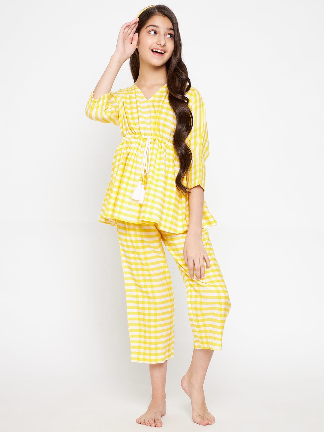 The Kaftan Company Pyjama Set Girls Yellow Gingham Cotton Loungeset