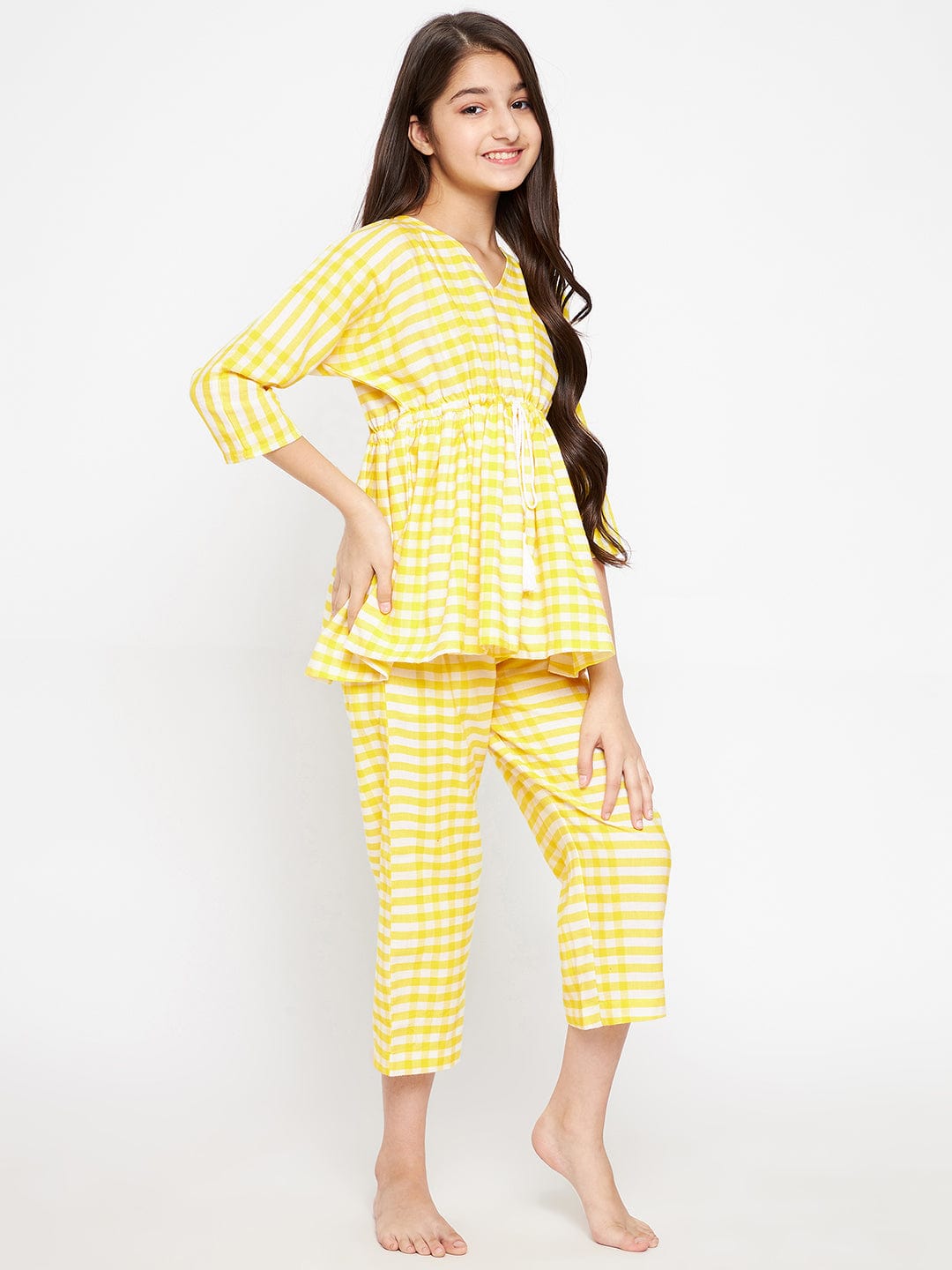 The Kaftan Company Pyjama Set Girls Yellow Gingham Cotton Loungeset
