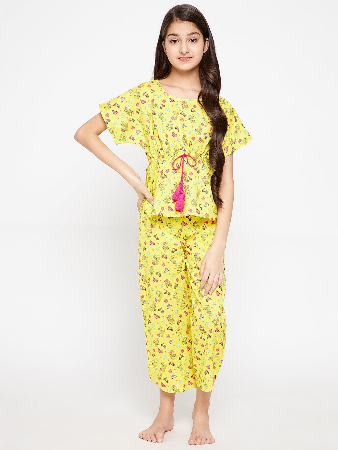 The Kaftan Company Pyjama Set Girls Yellow Scooter Cotton Loungeset