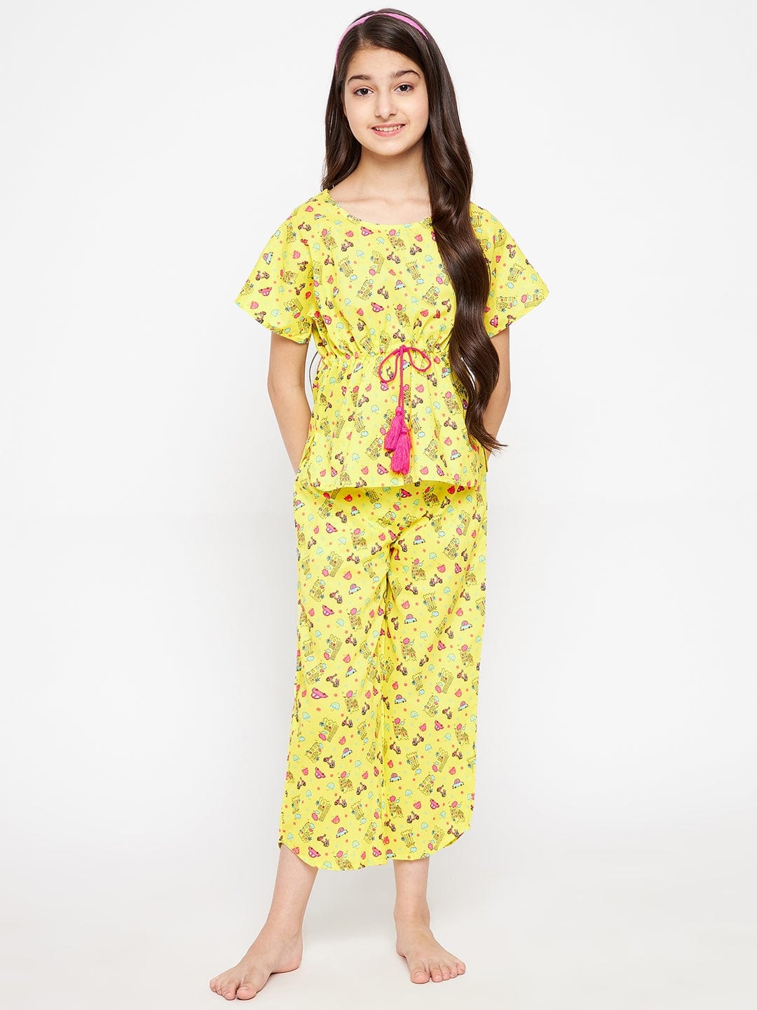 The Kaftan Company Pyjama Set Girls Yellow Scooter Cotton Loungeset