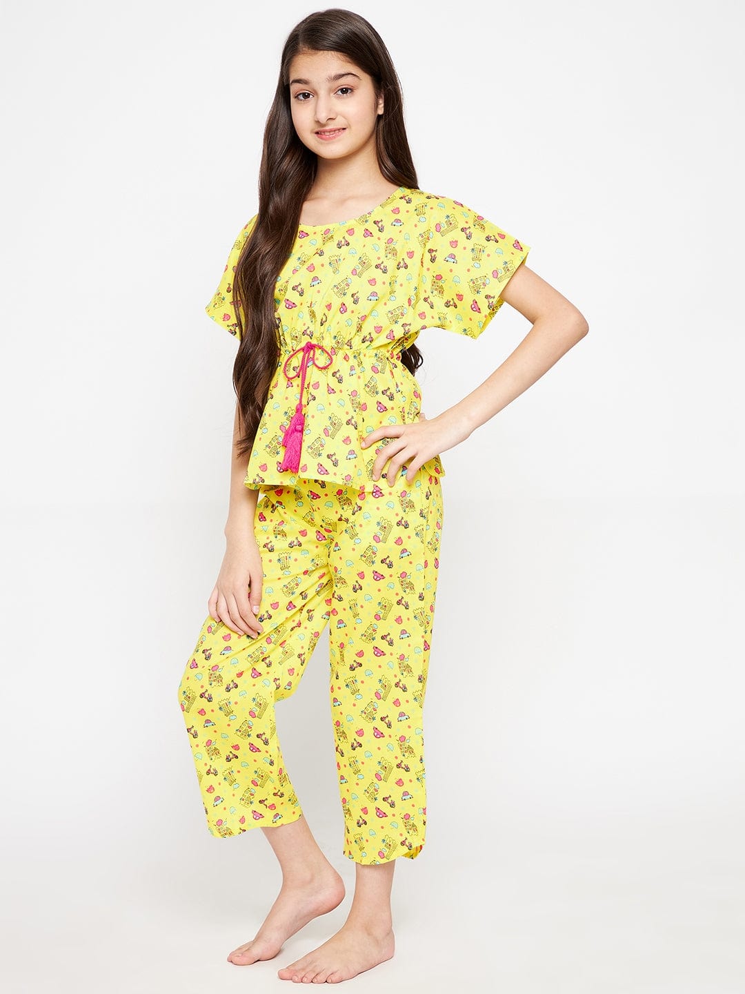 The Kaftan Company Pyjama Set Girls Yellow Scooter Cotton Loungeset