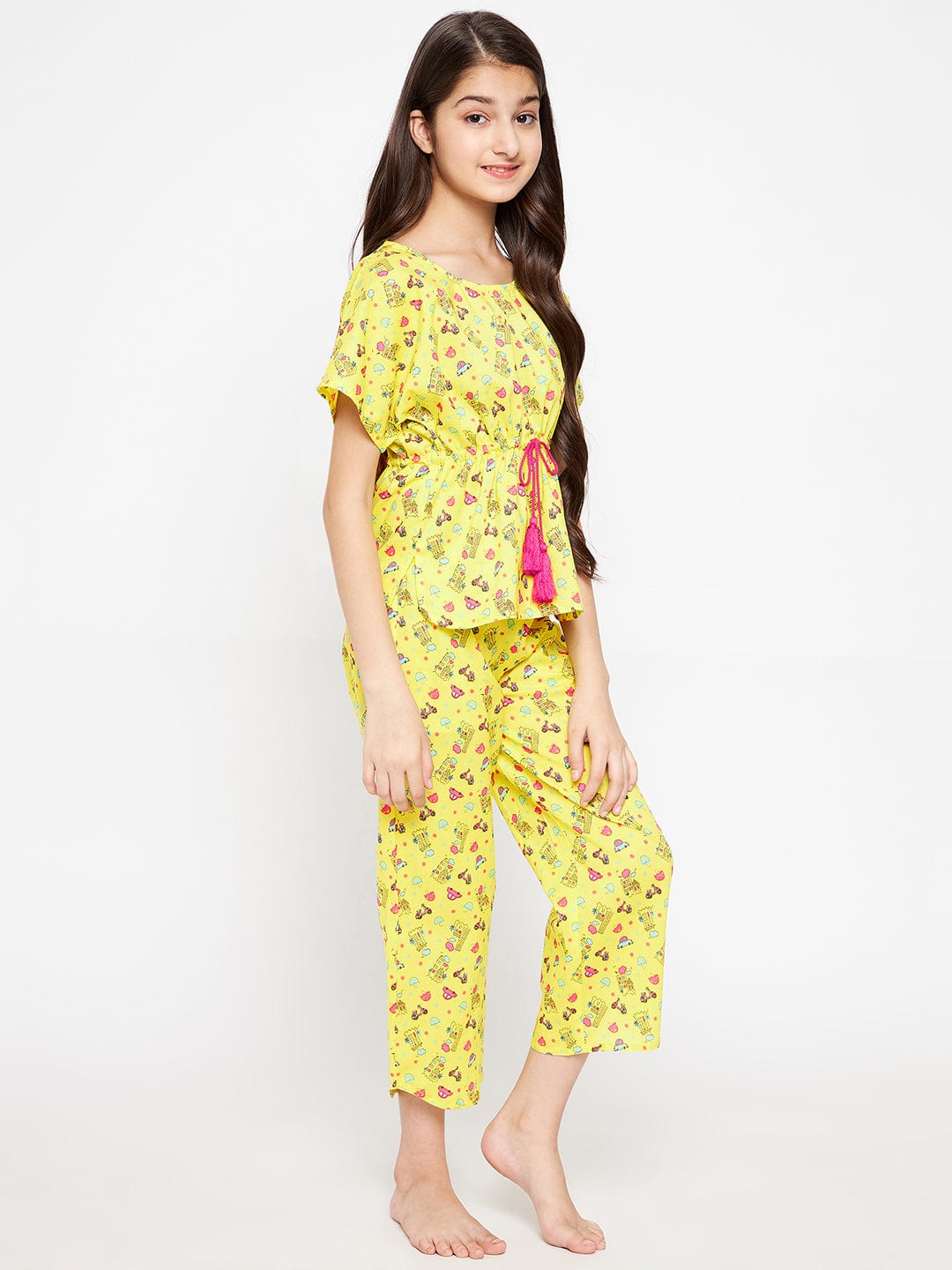 The Kaftan Company Pyjama Set Girls Yellow Scooter Cotton Loungeset