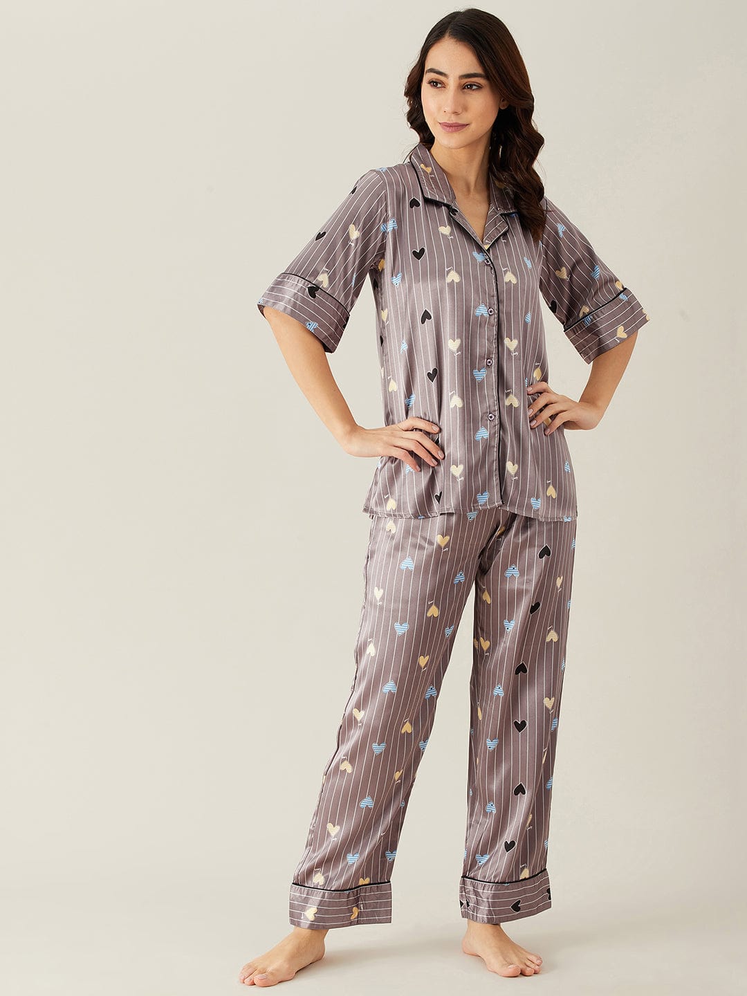 The Kaftan Company Pyjama Set Hearts Up Satin Pyjama Loungewear