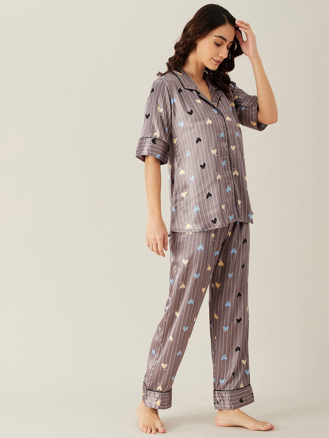 The Kaftan Company Pyjama Set Hearts Up Satin Pyjama Loungewear
