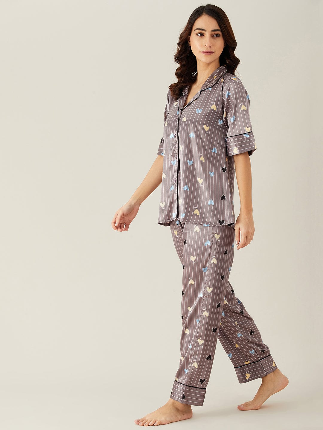 The Kaftan Company Pyjama Set Hearts Up Satin Pyjama Loungewear