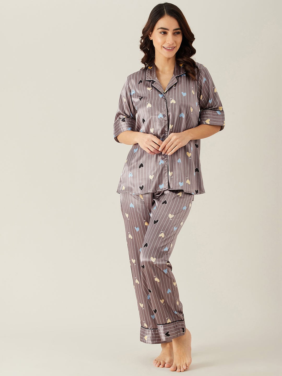 The Kaftan Company Pyjama Set Hearts Up Satin Pyjama Loungewear