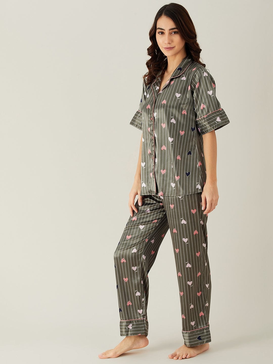 The Kaftan Company Pyjama Set Hearts Up Satin Pyjama Loungewear