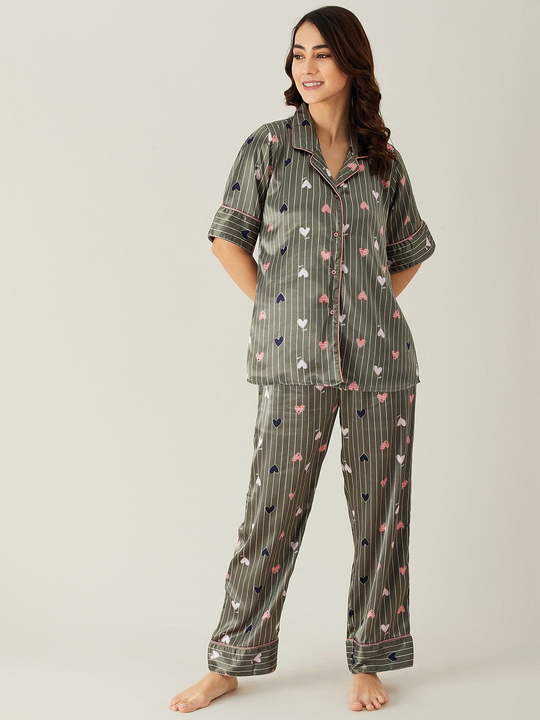 The Kaftan Company Pyjama Set Hearts Up Satin Pyjama Loungewear