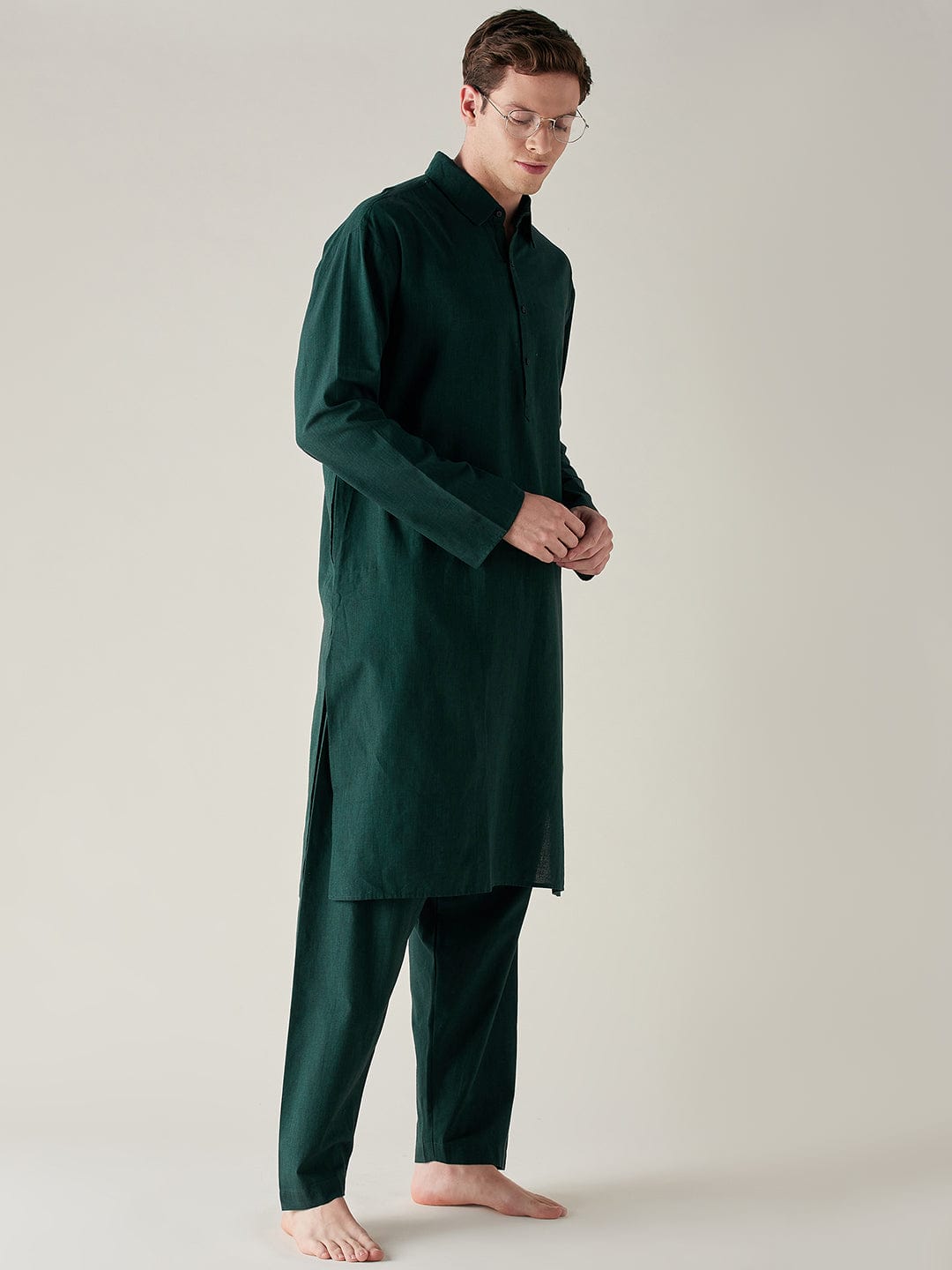 The Kaftan Company Pyjama Set Mens Green Slub Cotton Pathani Kurta and Pyjama Set