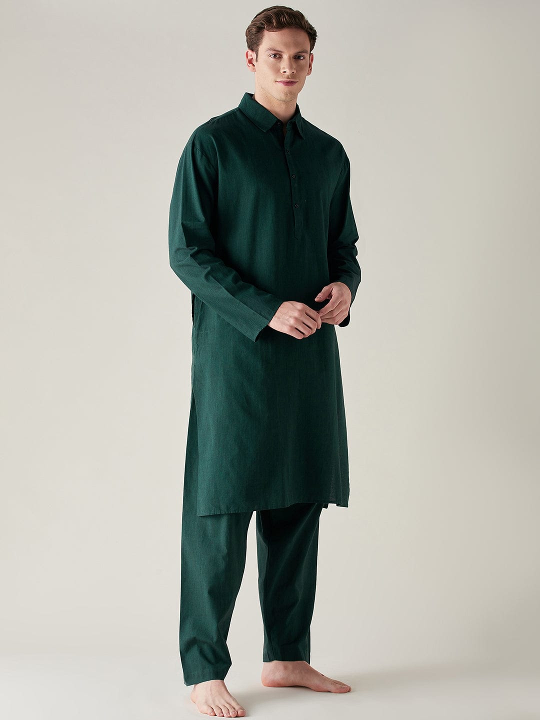 The Kaftan Company Pyjama Set Mens Green Slub Cotton Pathani Kurta and Pyjama Set