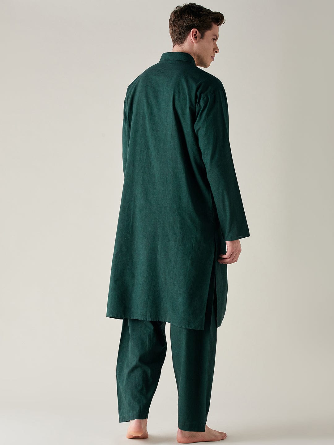The Kaftan Company Pyjama Set Mens Green Slub Cotton Pathani Kurta and Pyjama Set