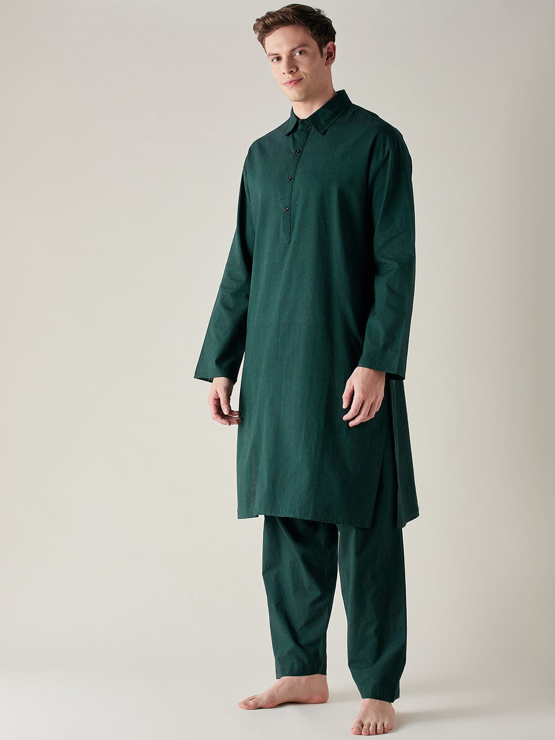 The Kaftan Company Pyjama Set Mens Green Slub Cotton Pathani Kurta and Pyjama Set