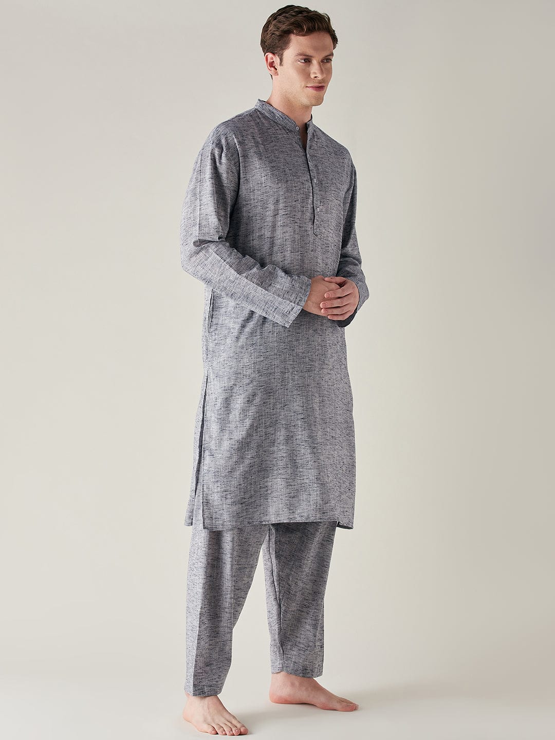 The Kaftan Company Pyjama Set Mens Grey Slub Cotton Pathani Kurta and Pyjama Set