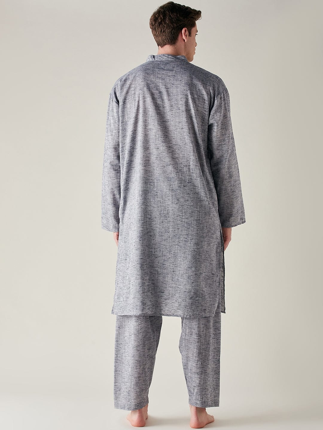 The Kaftan Company Pyjama Set Mens Grey Slub Cotton Pathani Kurta and Pyjama Set