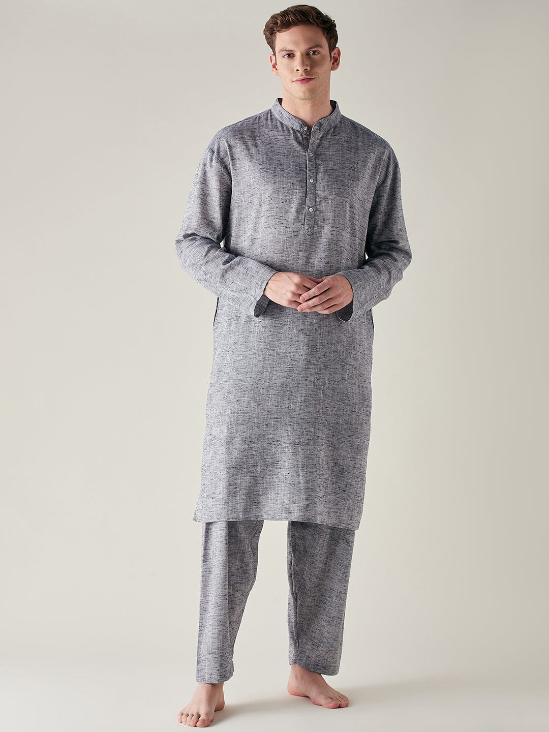 The Kaftan Company Pyjama Set Mens Grey Slub Cotton Pathani Kurta and Pyjama Set