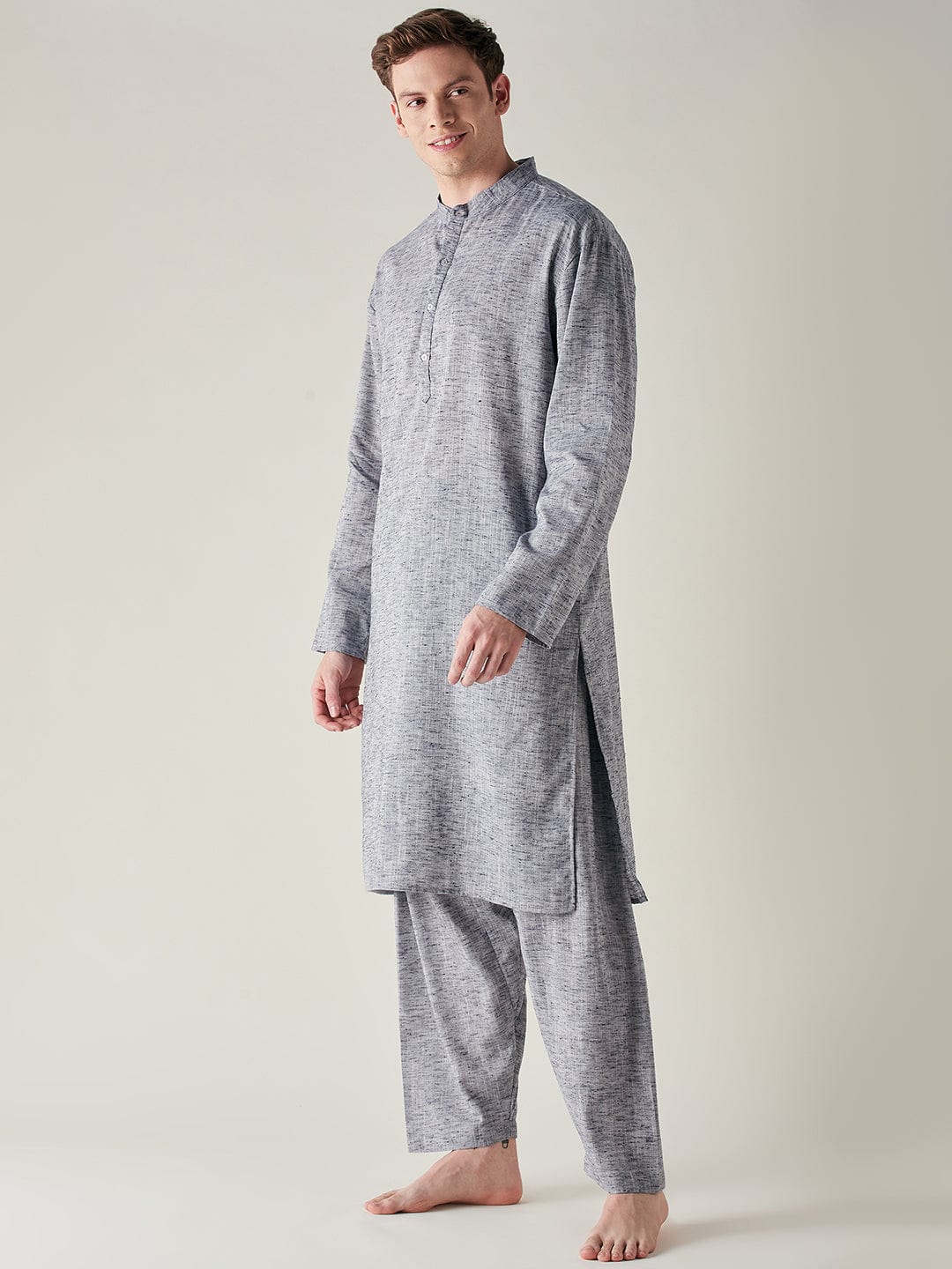 The Kaftan Company Pyjama Set Mens Grey Slub Cotton Pathani Kurta and Pyjama Set