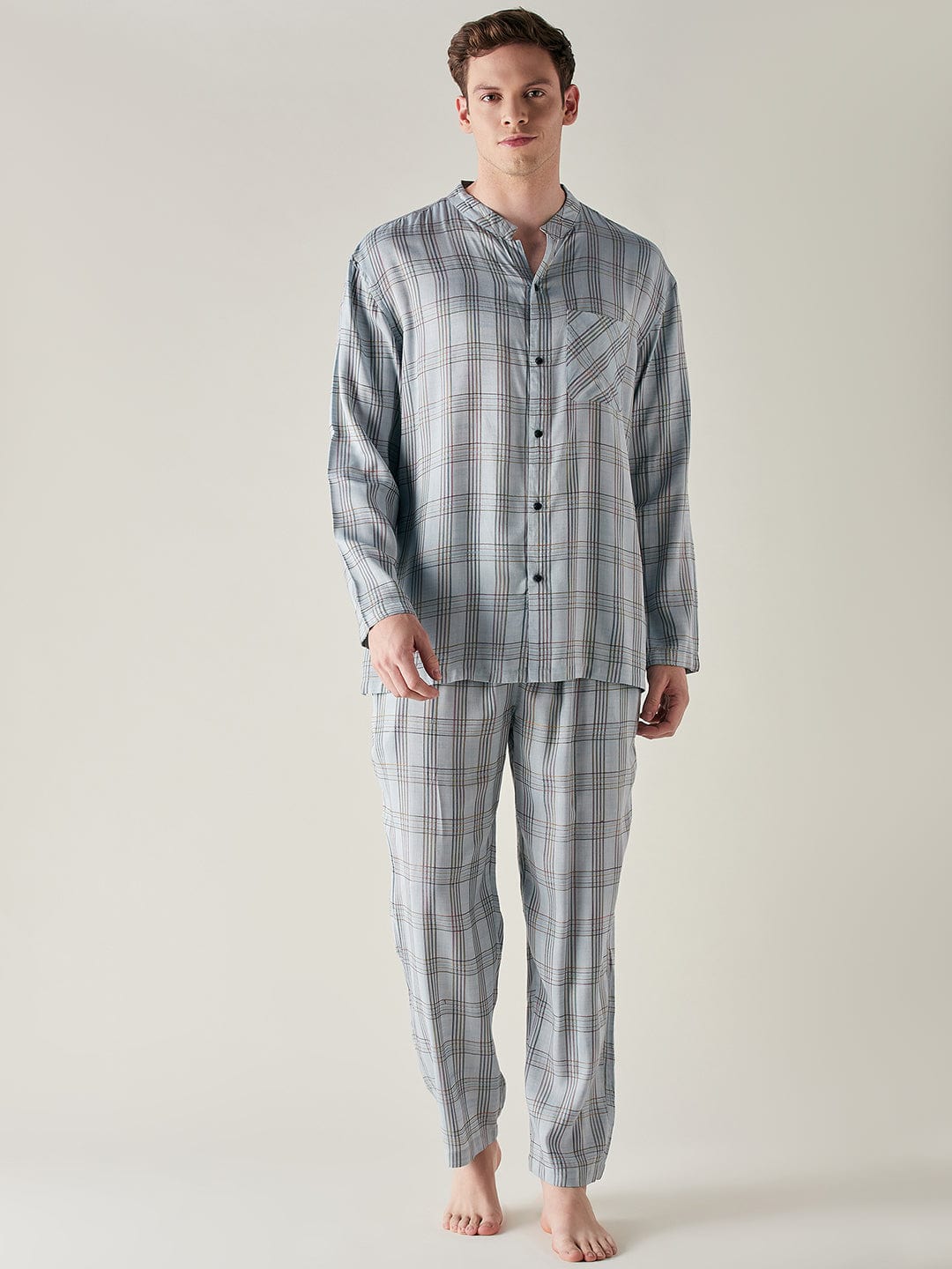 The Kaftan Company Pyjama Set Mens Light Blue Pure Cotton Checks Pyjama Set