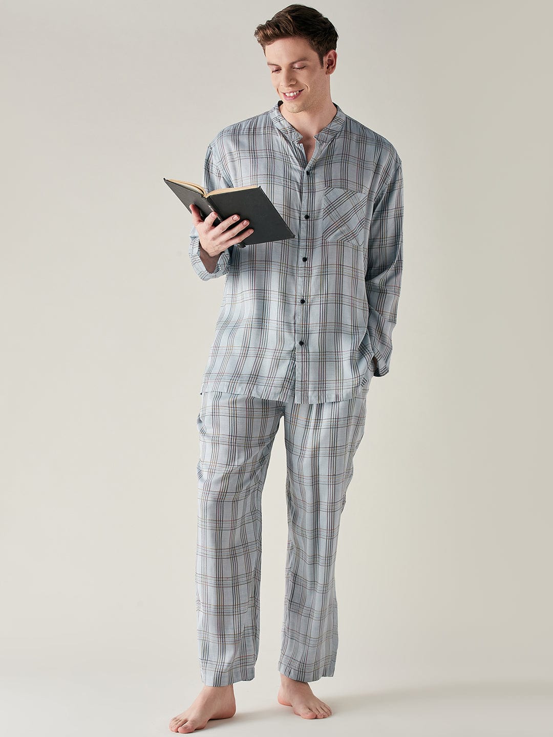 The Kaftan Company Pyjama Set Mens Light Blue Pure Cotton Checks Pyjama Set