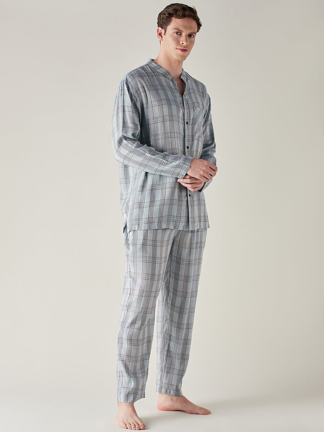 The Kaftan Company Pyjama Set Mens Light Blue Pure Cotton Checks Pyjama Set
