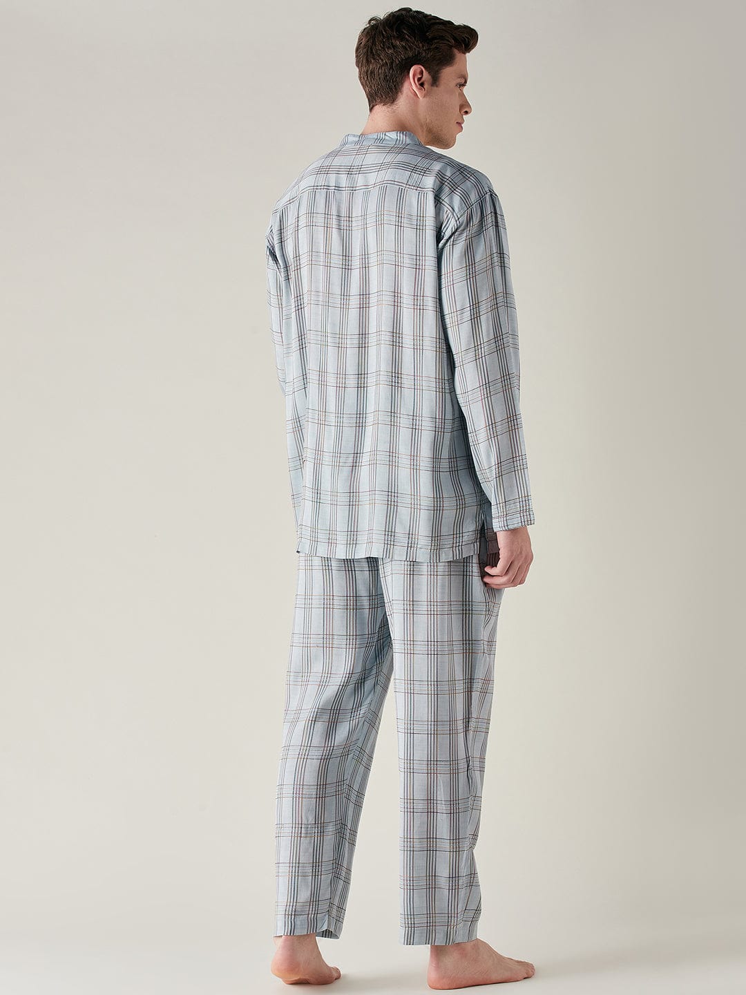 The Kaftan Company Pyjama Set Mens Light Blue Pure Cotton Checks Pyjama Set