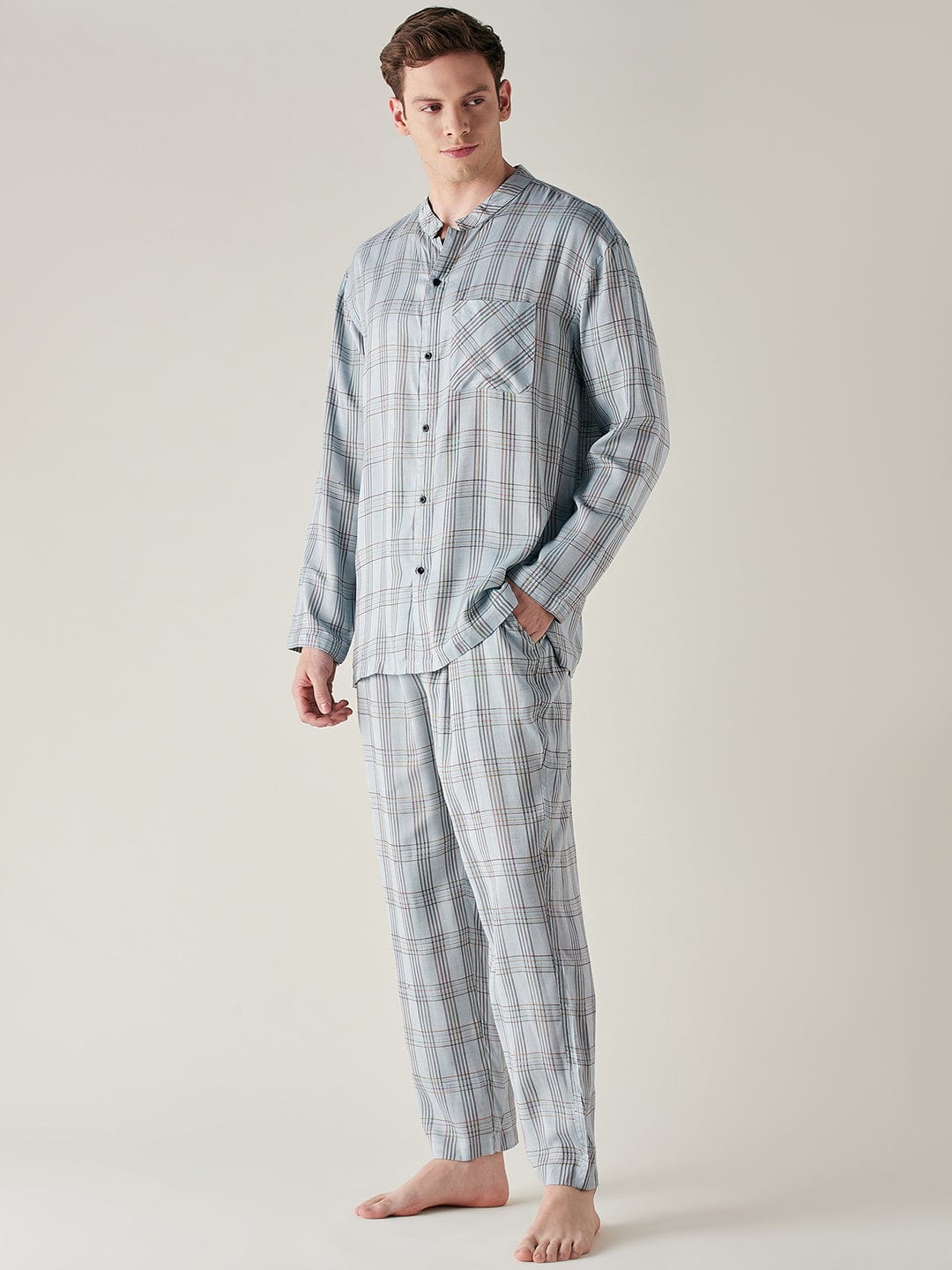 The Kaftan Company Pyjama Set Mens Light Blue Pure Cotton Checks Pyjama Set