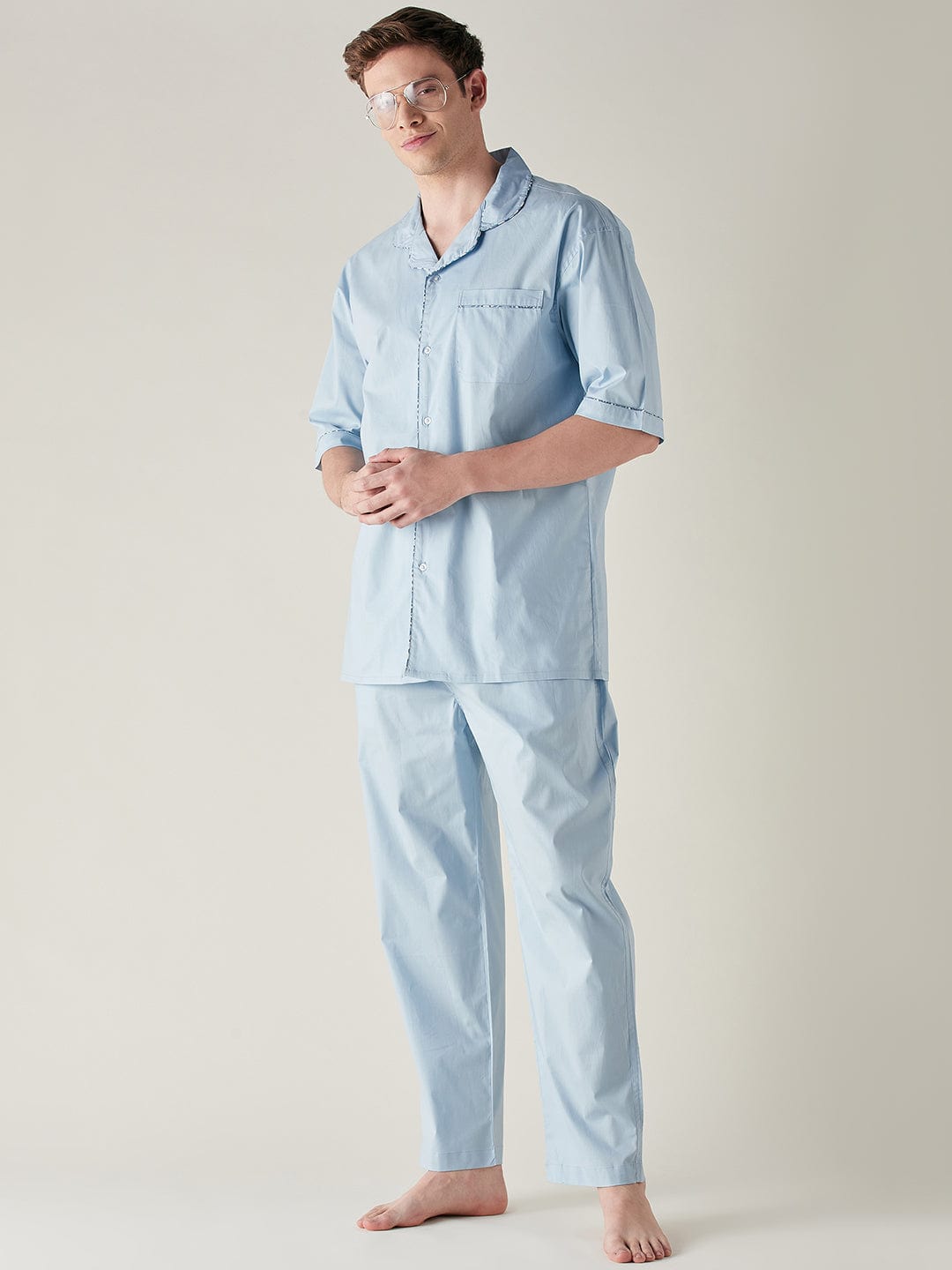 The Kaftan Company Pyjama Set Mens Light Blue Pure Cotton Pyjama Set