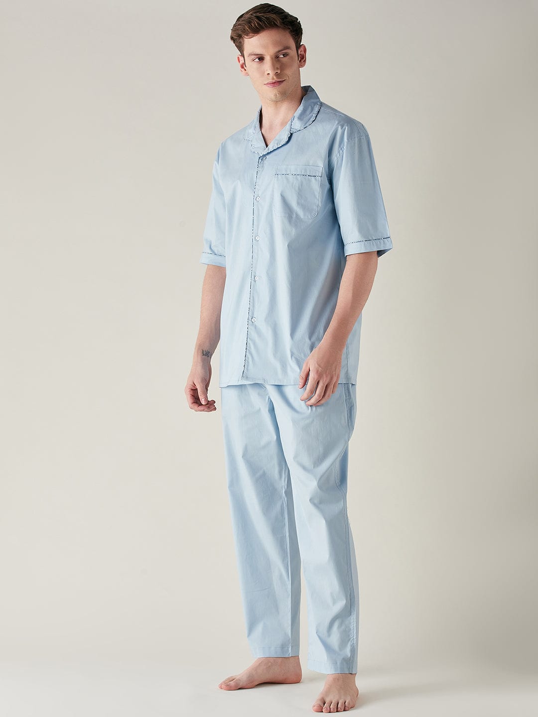The Kaftan Company Pyjama Set Mens Light Blue Pure Cotton Pyjama Set