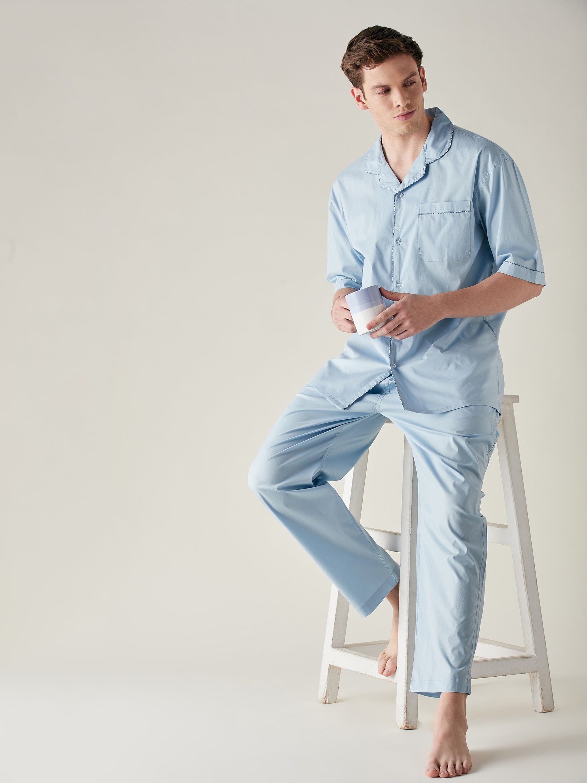 The Kaftan Company Pyjama Set Mens Light Blue Pure Cotton Pyjama Set