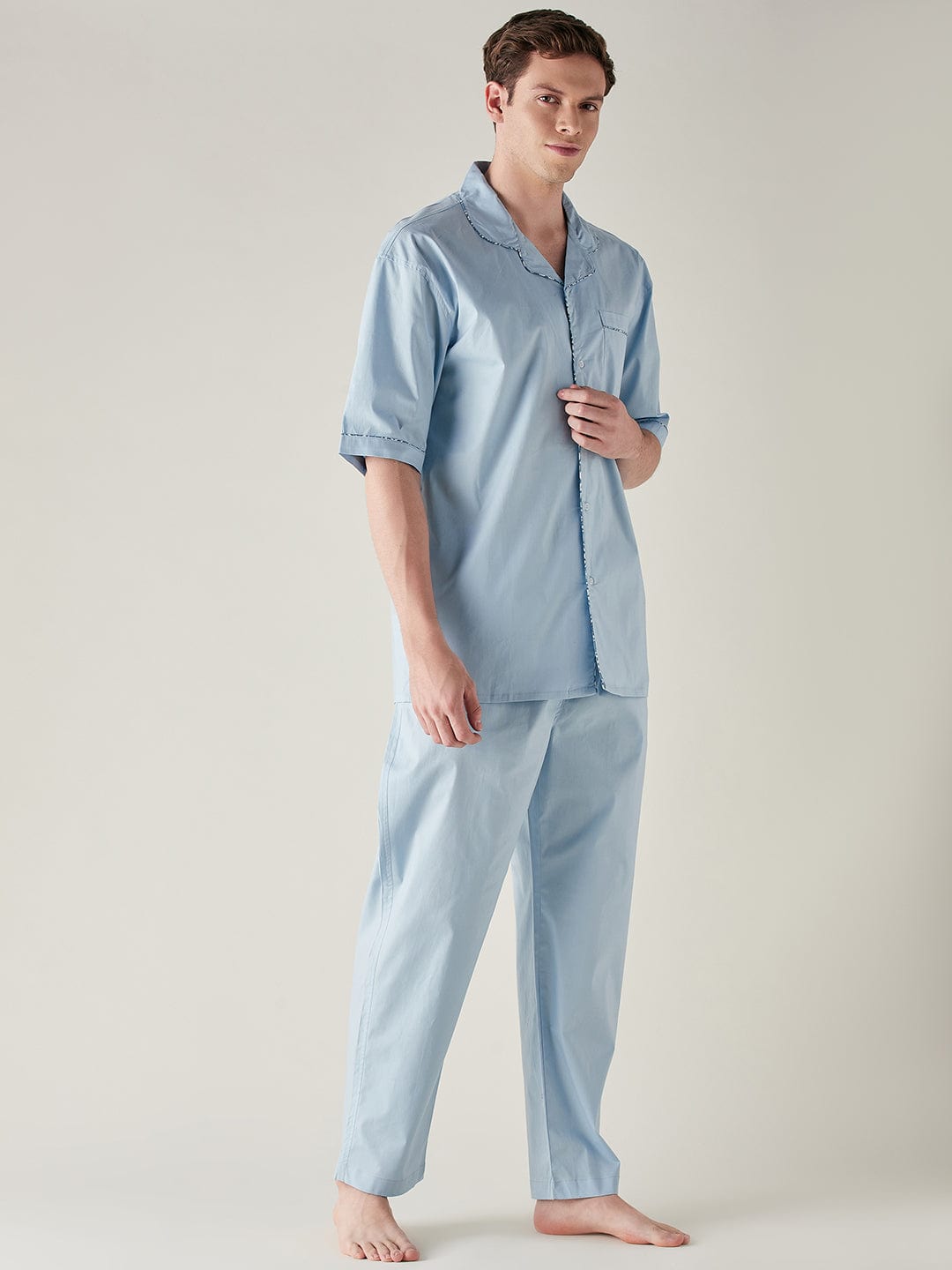 The Kaftan Company Pyjama Set Mens Light Blue Pure Cotton Pyjama Set