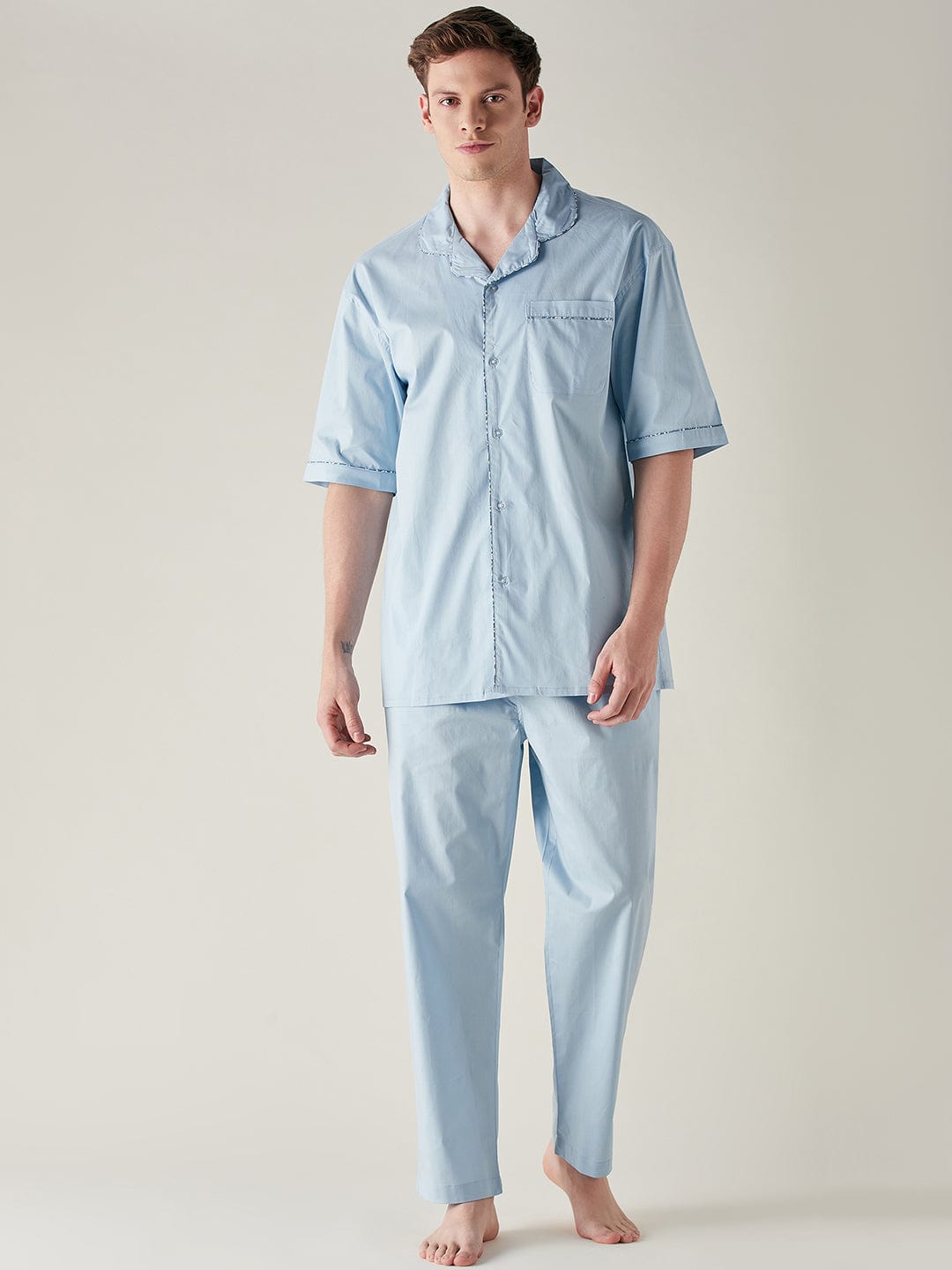 The Kaftan Company Pyjama Set Mens Light Blue Pure Cotton Pyjama Set