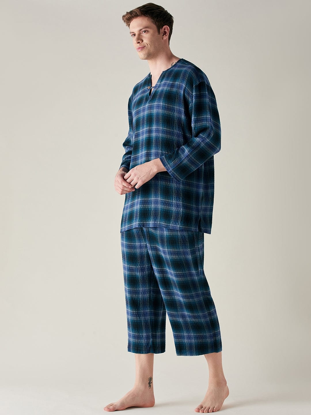 The Kaftan Company Pyjama Set Mens Pure Cotton Supersoft Blue Plaid Pyjama Set