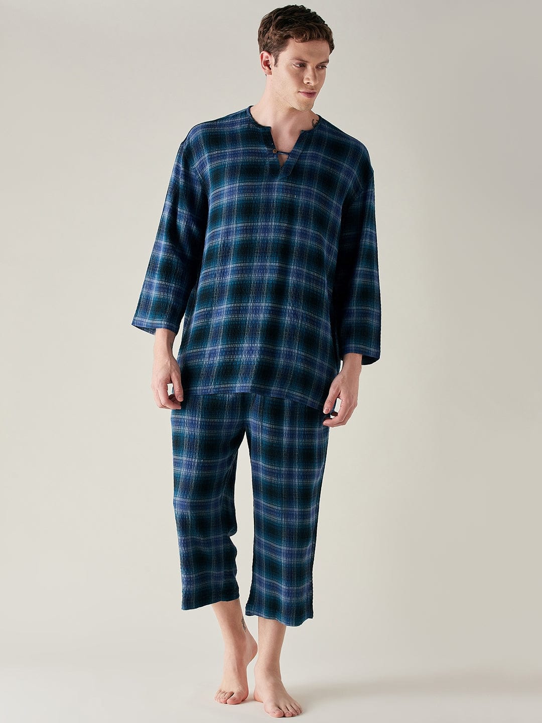 The Kaftan Company Pyjama Set Mens Pure Cotton Supersoft Blue Plaid Pyjama Set