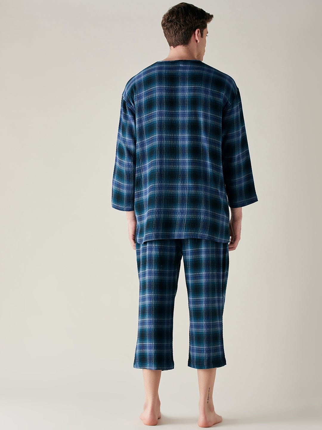 The Kaftan Company Pyjama Set Mens Pure Cotton Supersoft Blue Plaid Pyjama Set
