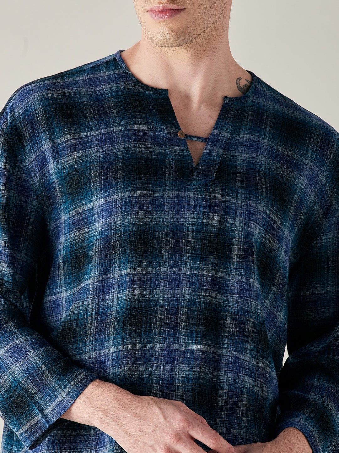 The Kaftan Company Pyjama Set Mens Pure Cotton Supersoft Blue Plaid Pyjama Set